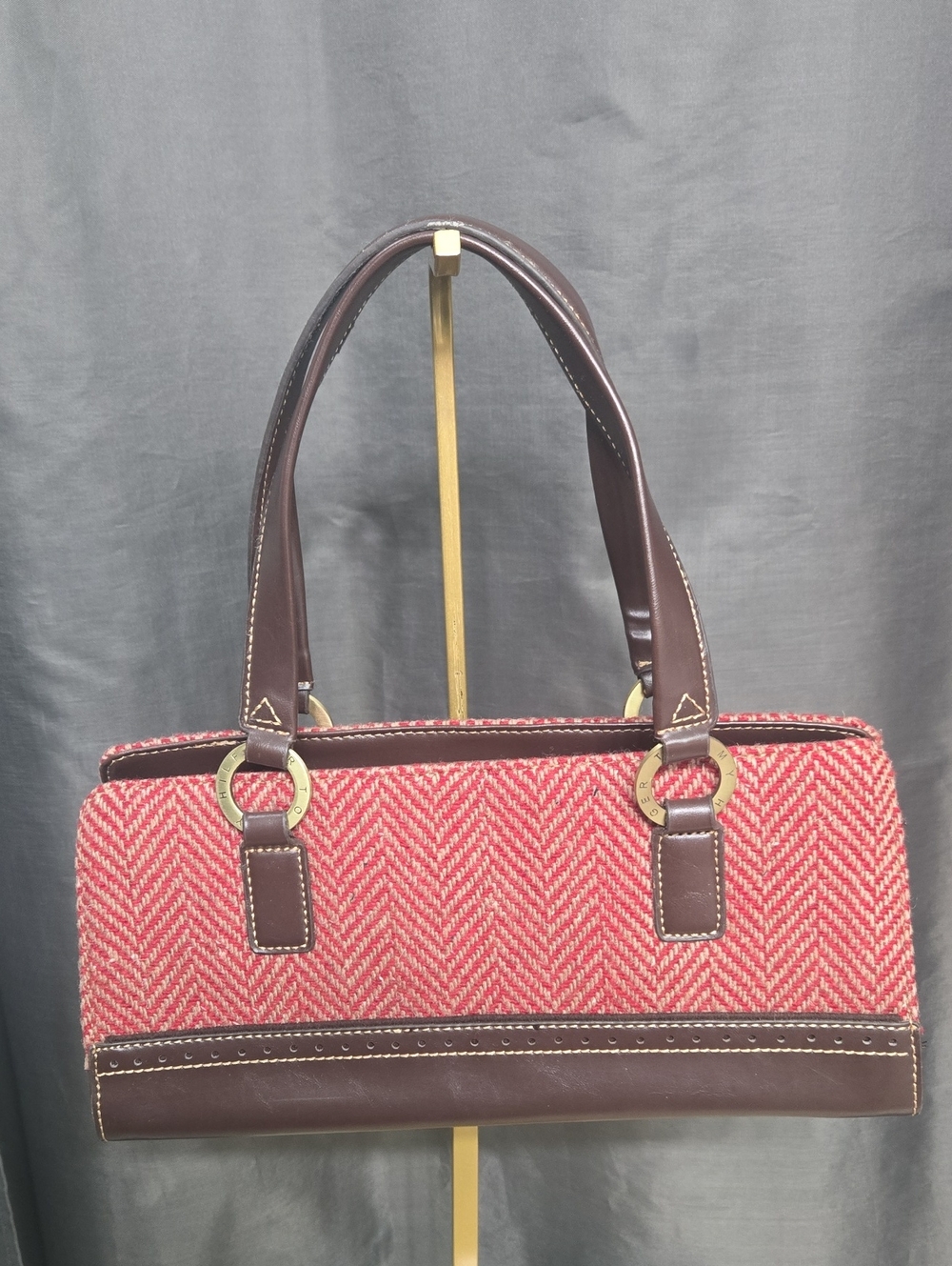 Tommy Hilfiger Red Herringbone Shoulder Bag with Brown Leather Handles